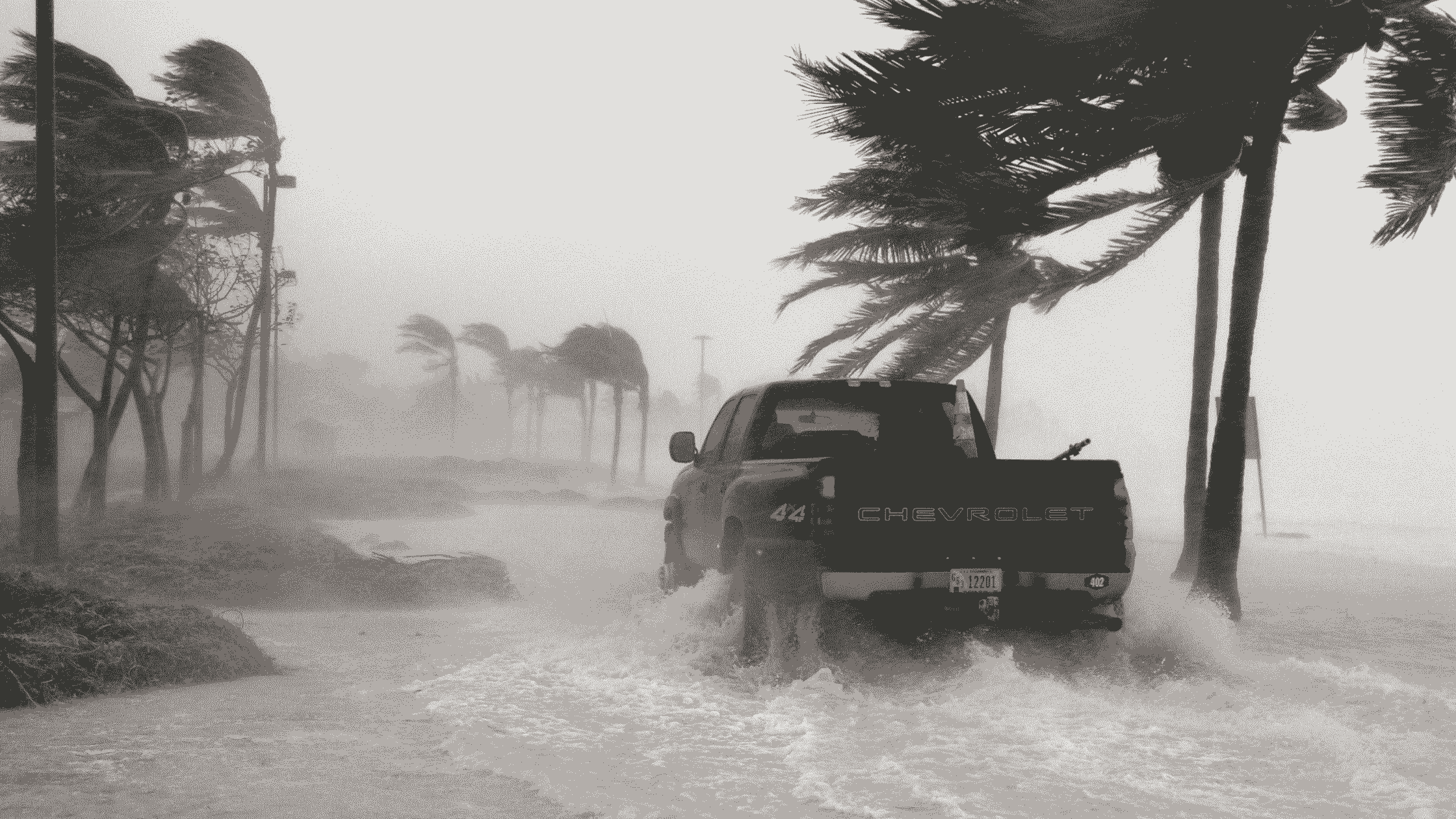 A black Chevrolet pickup truck drives through flooded streets during a powerful summer storm in Florida, with palm trees bending in strong winds.