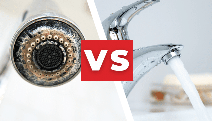 Comparison of hard water scale buildup on a faucet vs. clean running water in a Pompano Beach home